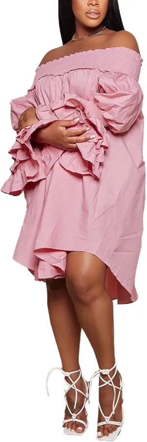Off Shoulder Dress for Women A-Line Ruffle Sleeve Casual Plus Size Midi Pleated Sundress