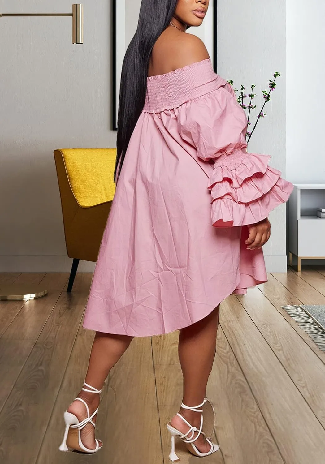 Off Shoulder Dress for Women A-Line Ruffle Sleeve Casual Plus Size Midi Pleated Sundress
