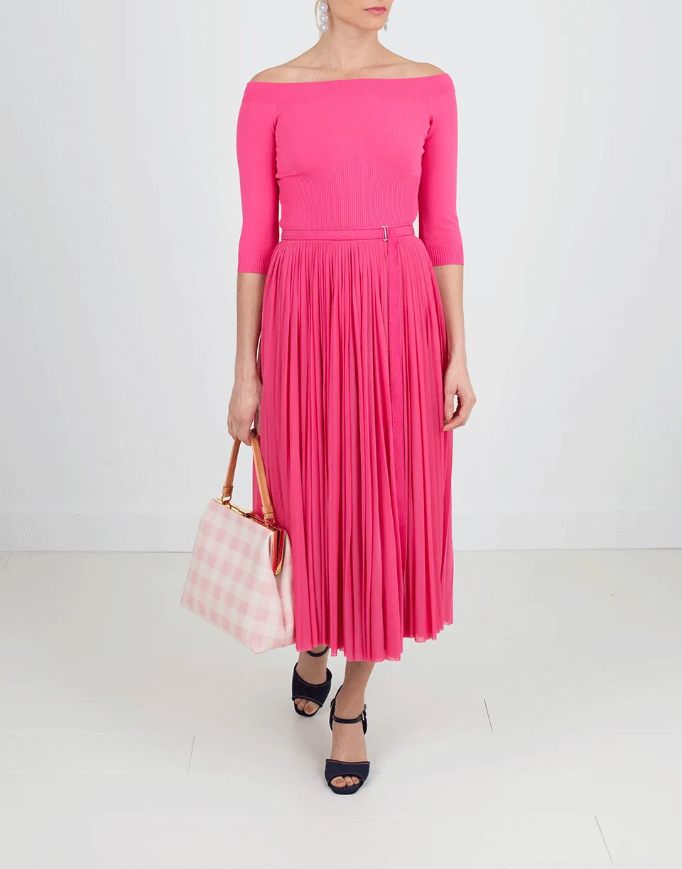 Off Shoulder Dress With Pleated Skirt