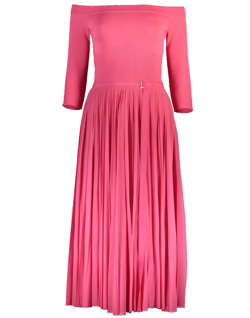Off Shoulder Dress With Pleated Skirt
