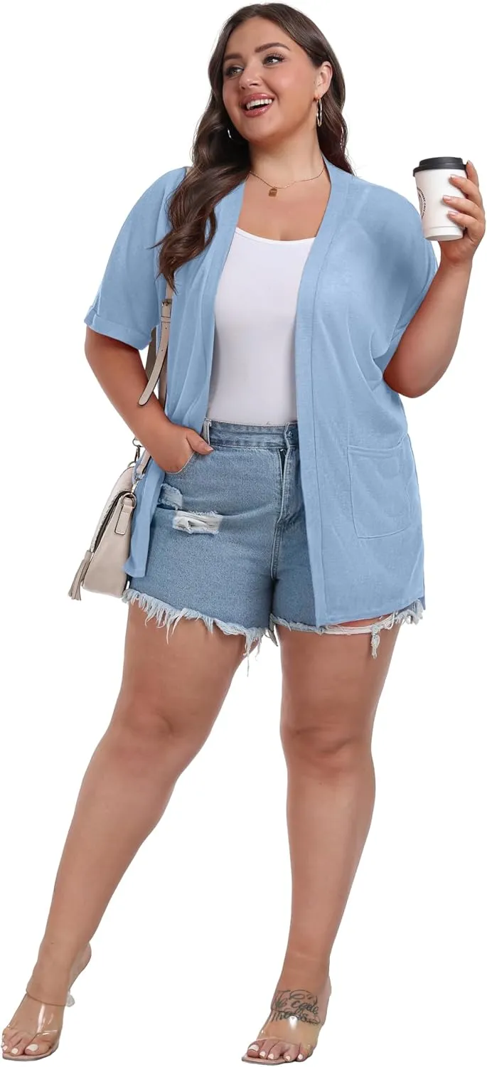 OLRIK Plus Size Lightweight Cardigan for Women Summer Sheer Short Sleeve Cardigan with Pockets Beach Cover Up
