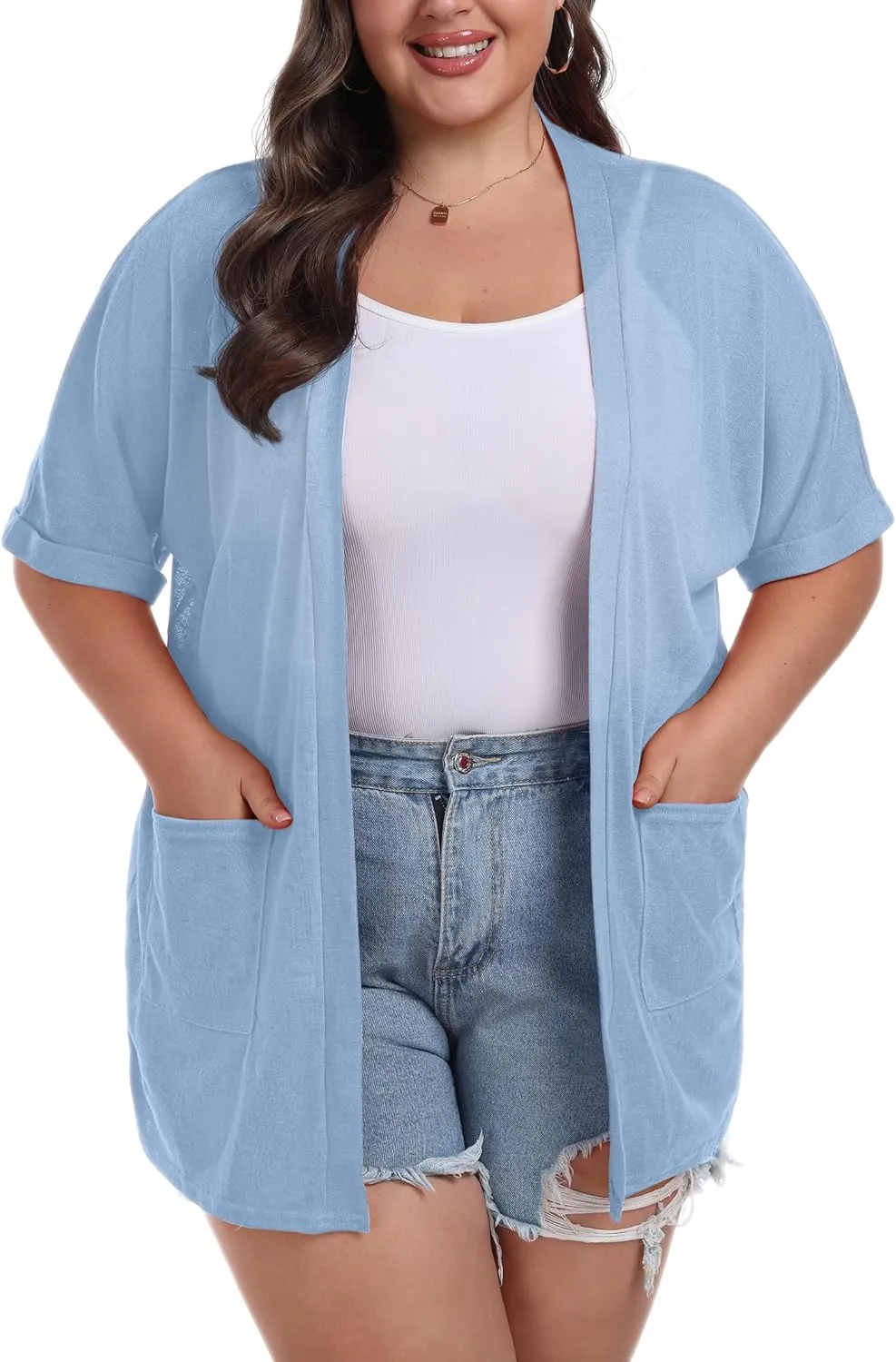 OLRIK Plus Size Lightweight Cardigan for Women Summer Sheer Short Sleeve Cardigan with Pockets Beach Cover Up