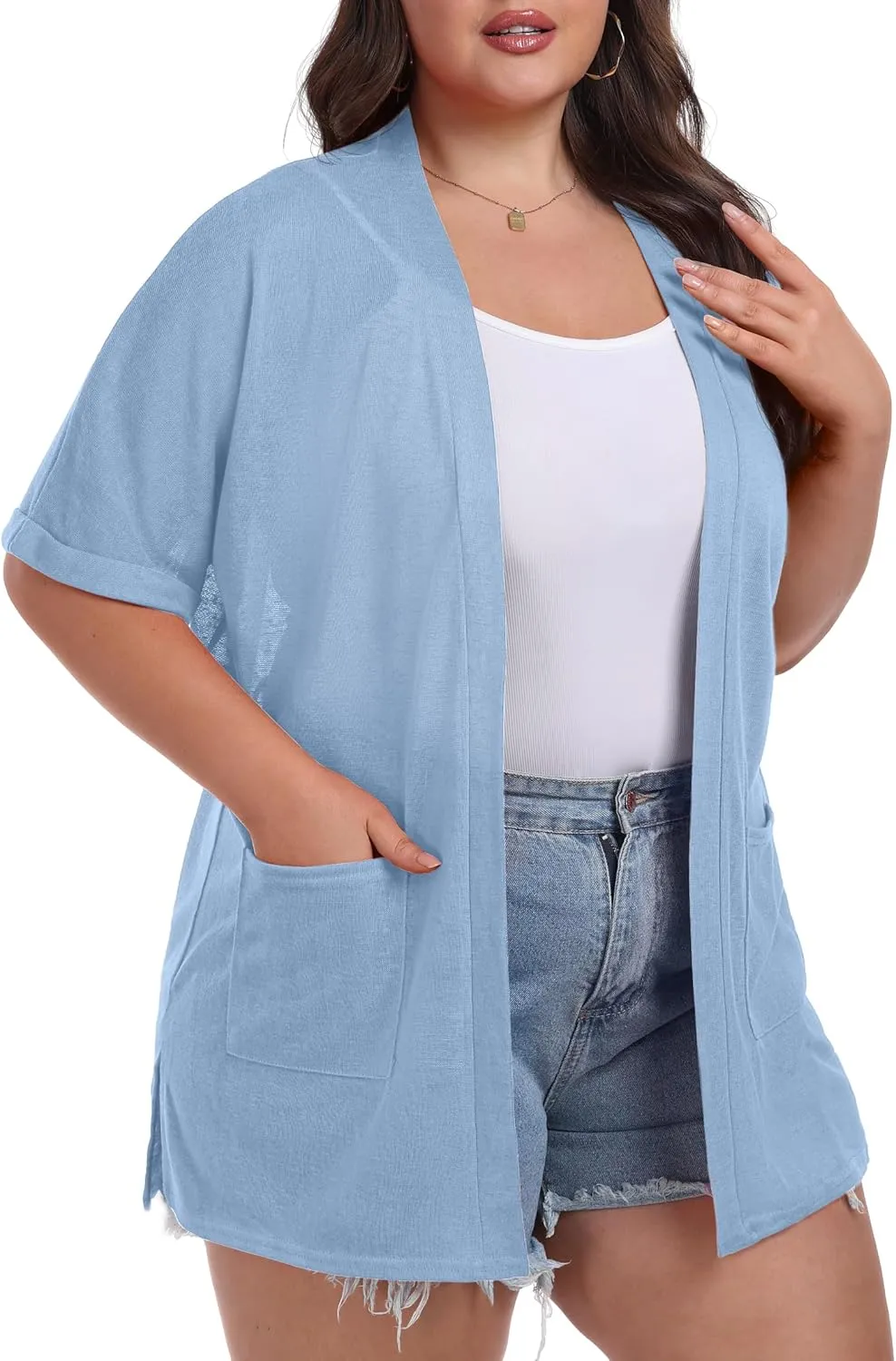 OLRIK Plus Size Lightweight Cardigan for Women Summer Sheer Short Sleeve Cardigan with Pockets Beach Cover Up
