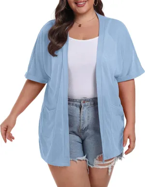 OLRIK Plus Size Lightweight Cardigan for Women Summer Sheer Short Sleeve Cardigan with Pockets Beach Cover Up