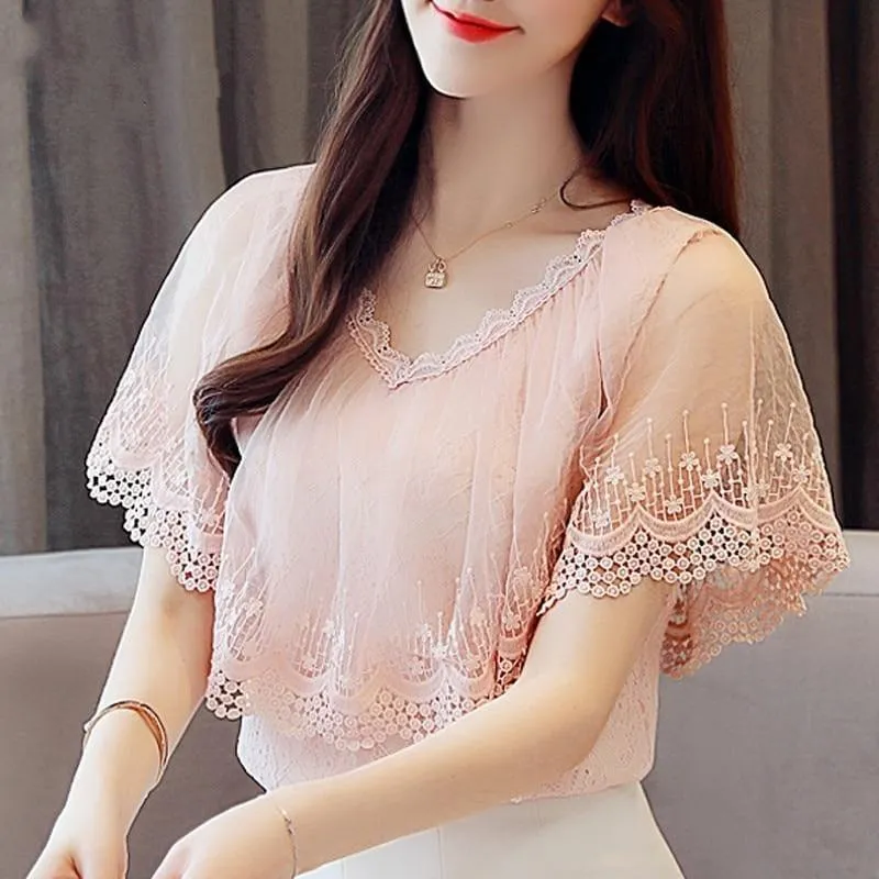 Peach Summer Lace Shirt Fashion  Blouse