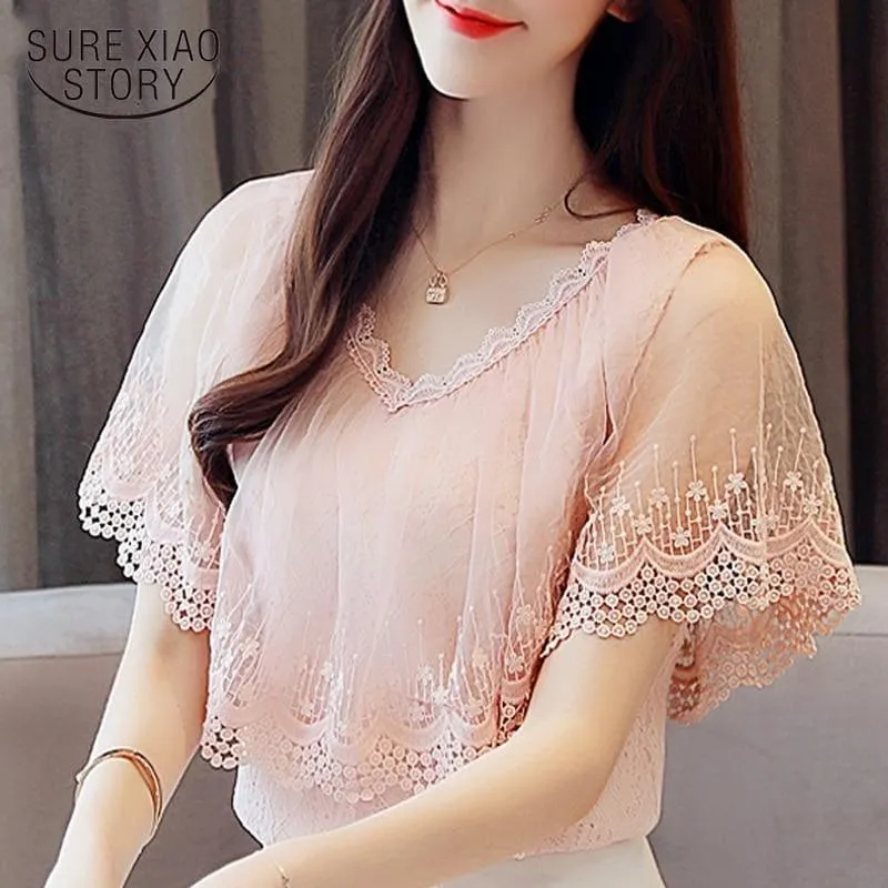 Peach Summer Lace Shirt Fashion  Blouse