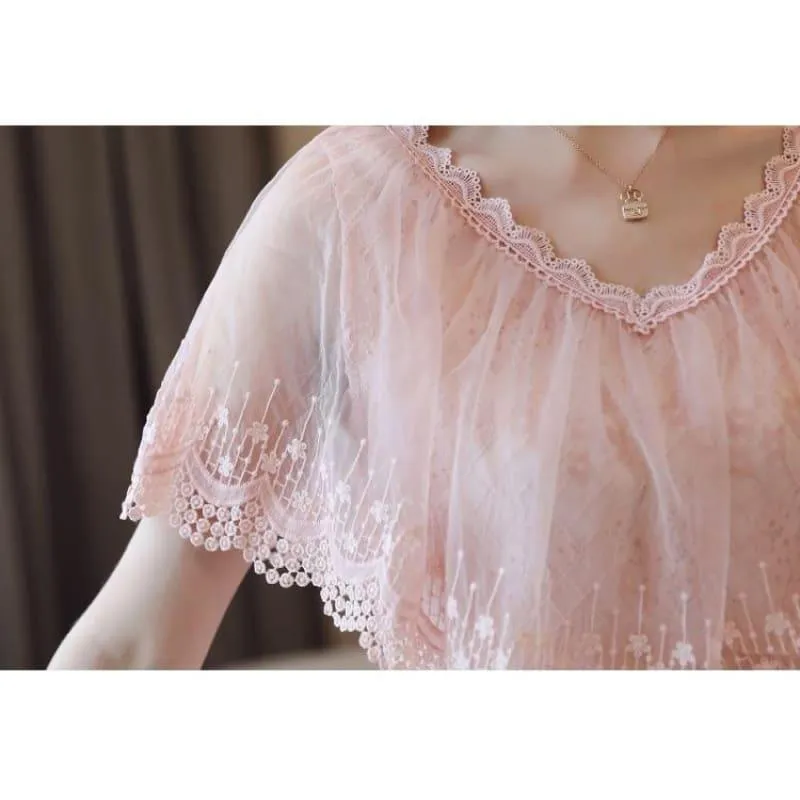 Peach Summer Lace Shirt Fashion  Blouse