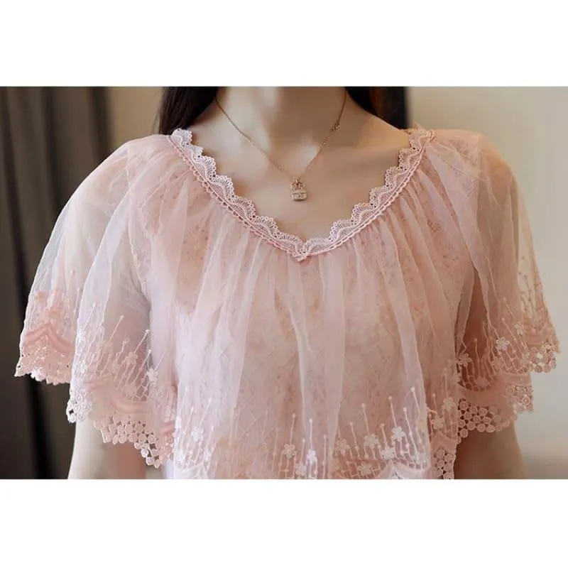 Peach Summer Lace Shirt Fashion  Blouse