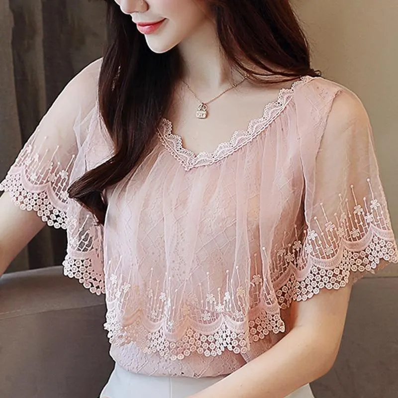 Peach Summer Lace Shirt Fashion  Blouse