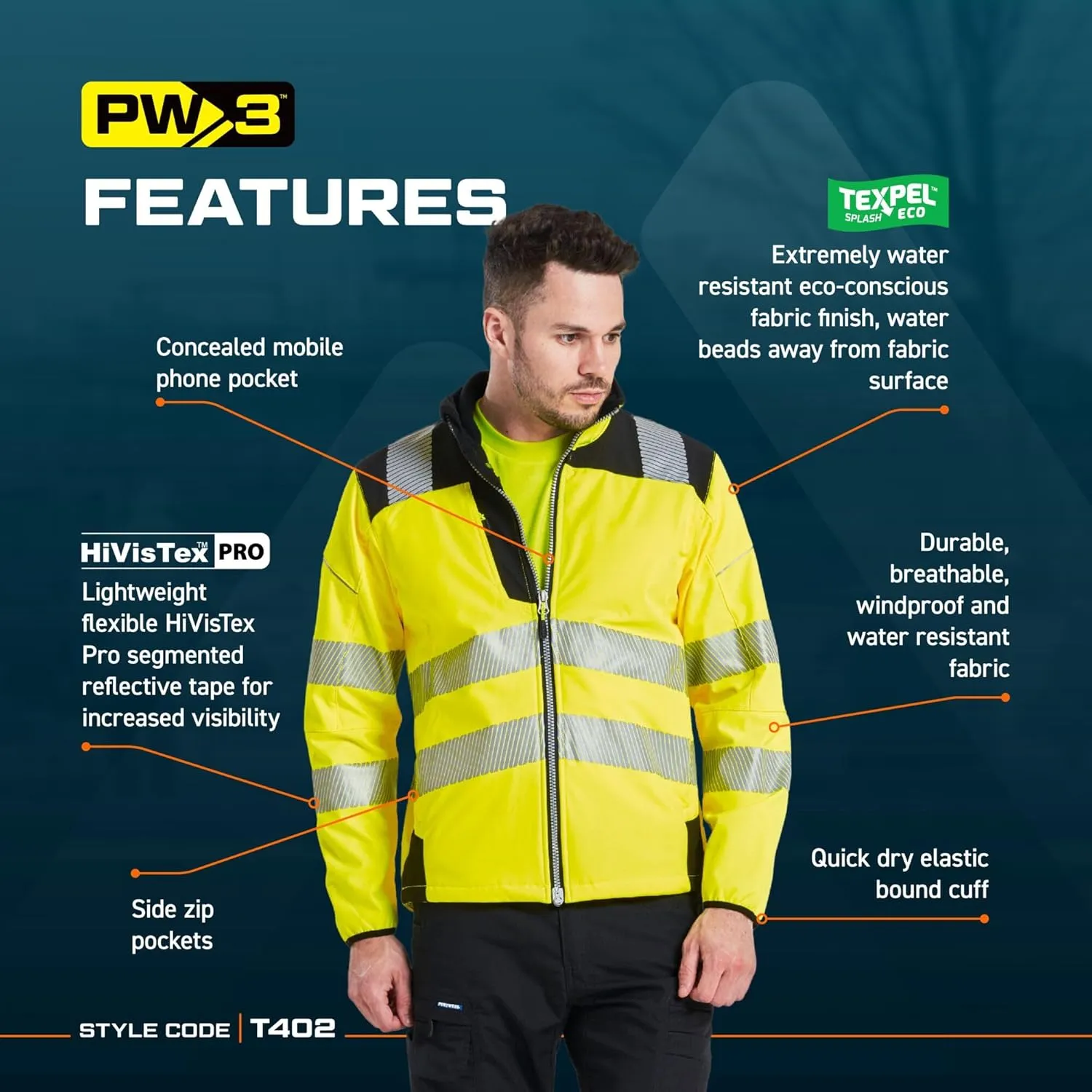Portwest PW3 Hi-Vis Softshell Jacket Work Safety Protective Reflective Waterproof Coat ANSI 3, X Large