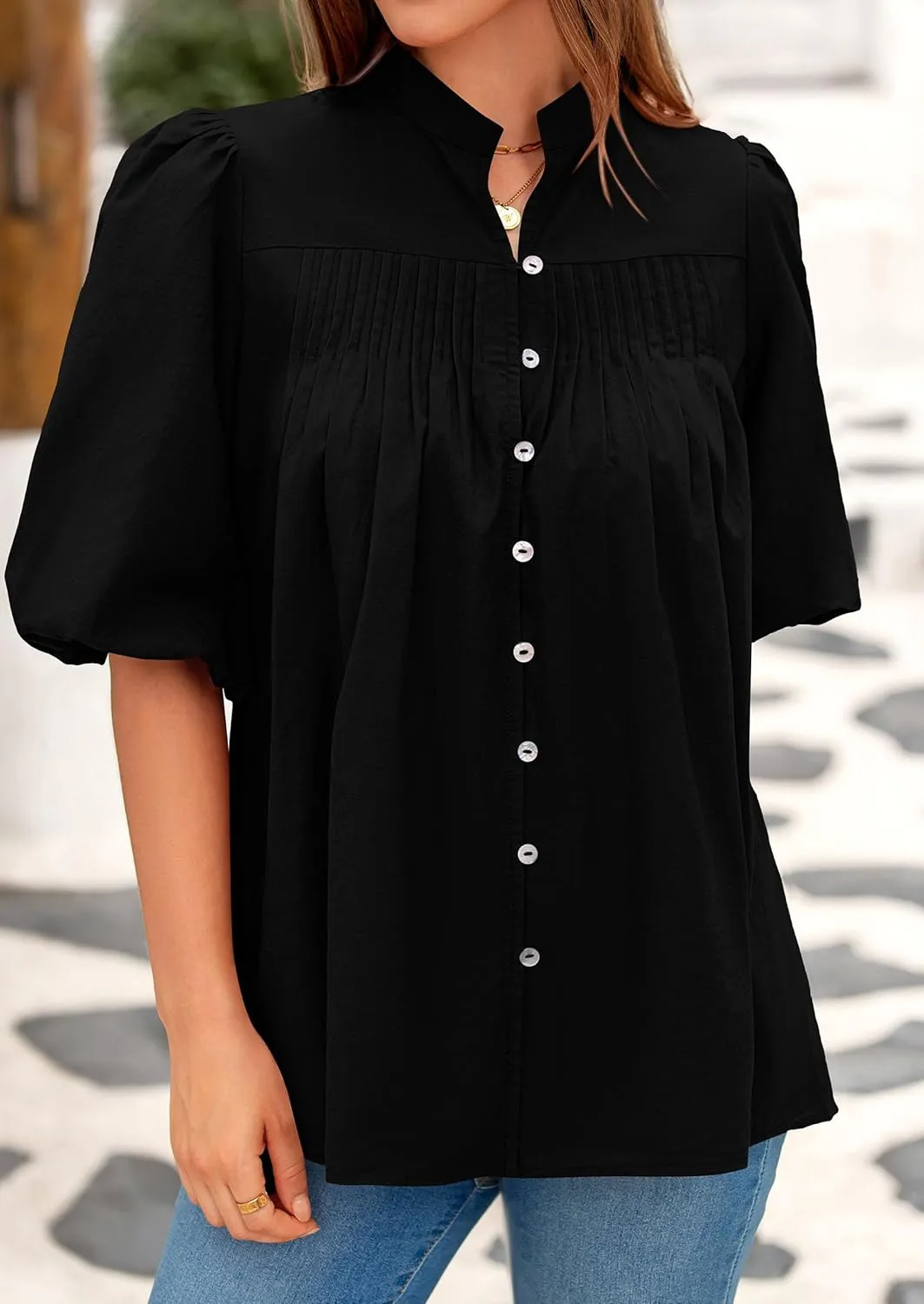PRETTYGARDEN Women's 2025 Summer Short Lantern Sleeve Tops Loose Fit Button Down Shirt Casual Pleated V Neck Blouses