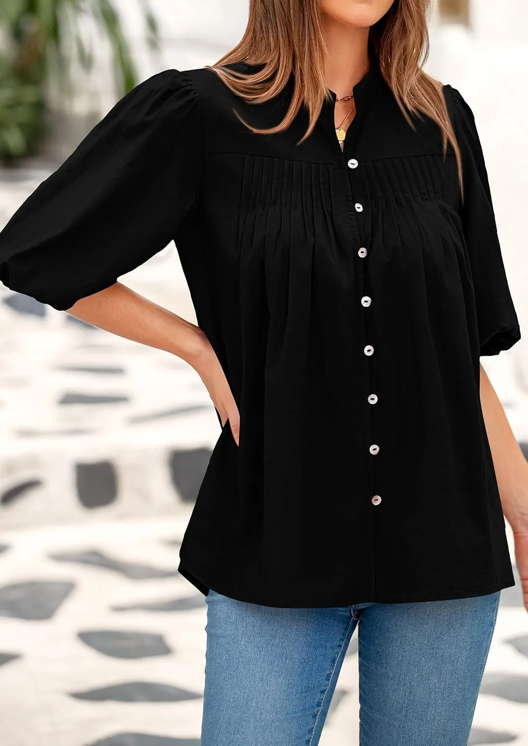 PRETTYGARDEN Women's 2025 Summer Short Lantern Sleeve Tops Loose Fit Button Down Shirt Casual Pleated V Neck Blouses