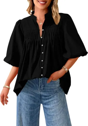 PRETTYGARDEN Women's 2025 Summer Short Lantern Sleeve Tops Loose Fit Button Down Shirt Casual Pleated V Neck Blouses