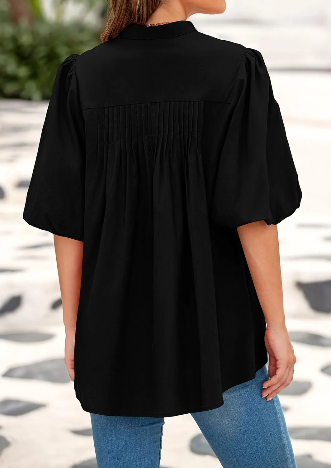 PRETTYGARDEN Women's 2025 Summer Short Lantern Sleeve Tops Loose Fit Button Down Shirt Casual Pleated V Neck Blouses
