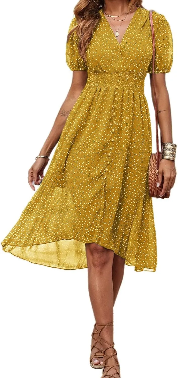 PRETTYGARDEN Women's Floral Wrap V-Neck Midi Dress Short Sleeve Boho Summer Beach Long Dress High Low Hem Smocked Dress Women