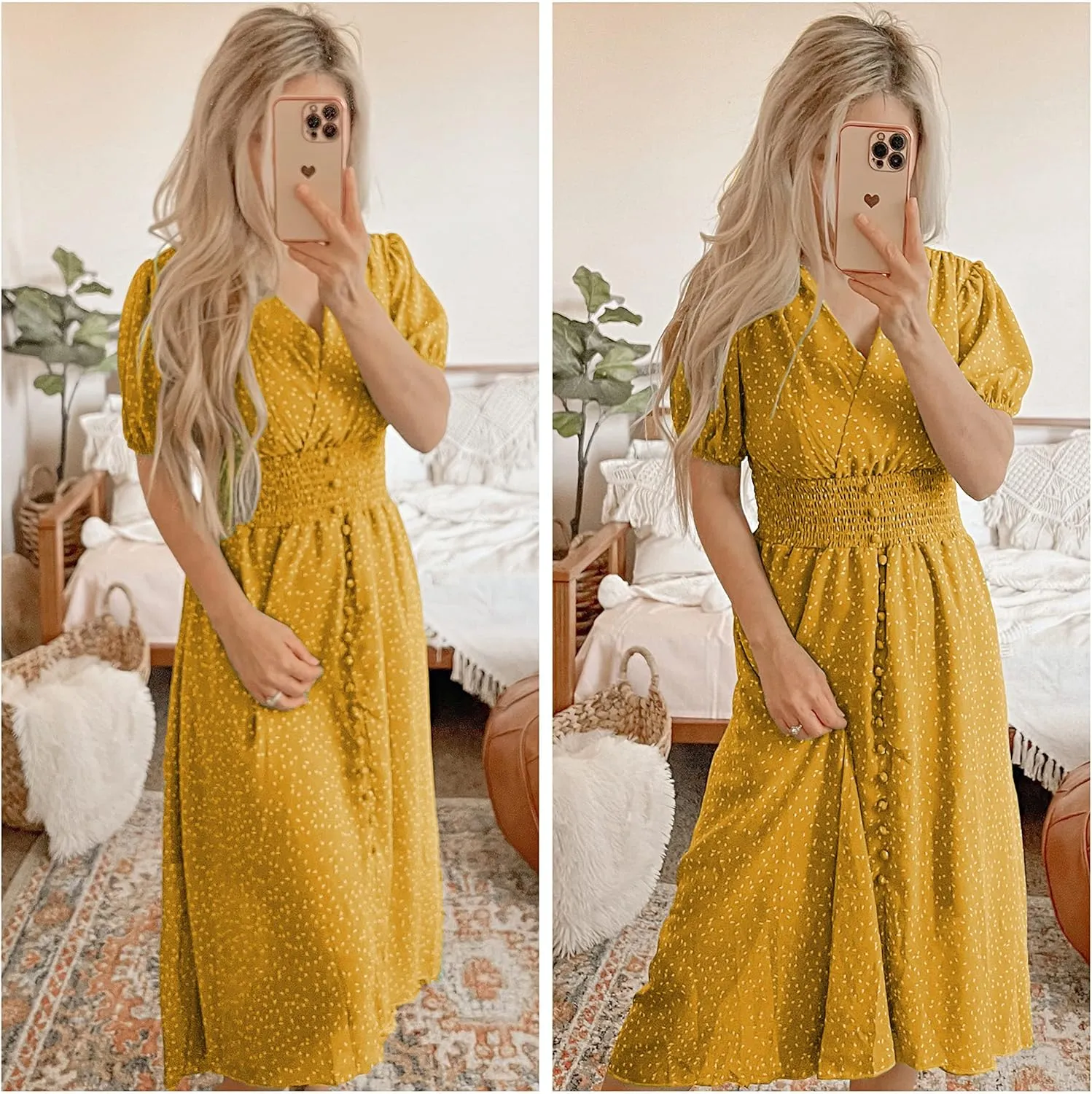 PRETTYGARDEN Women's Floral Wrap V-Neck Midi Dress Short Sleeve Boho Summer Beach Long Dress High Low Hem Smocked Dress Women