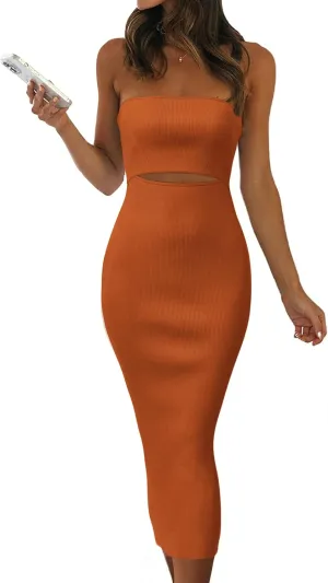 PRETTYGARDEN Women's Summer Midi Bodycon Dress Strapless Cut Out Knit Tube Long Fitted Dresses