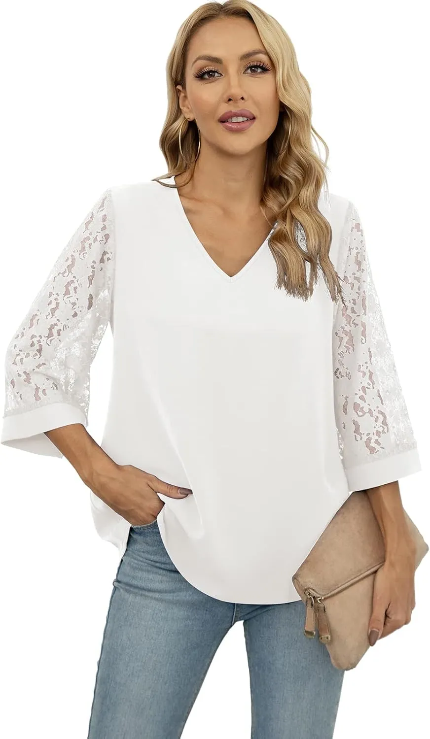 QUEZHU Women's Elegant V Neck 3/4 Sleeve Chiffon Blouses Tops Business Casual Work Office Shirts