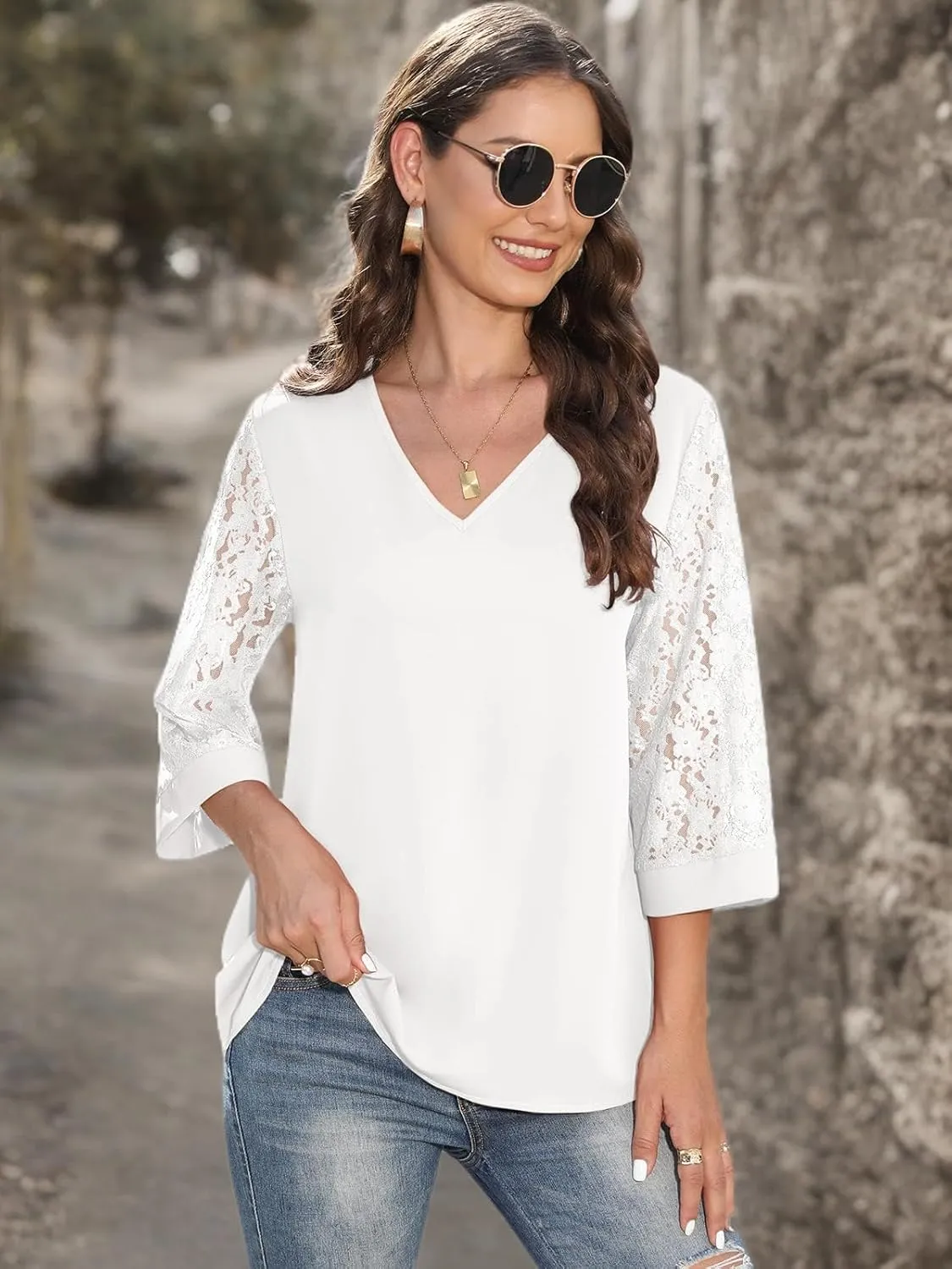 QUEZHU Women's Elegant V Neck 3/4 Sleeve Chiffon Blouses Tops Business Casual Work Office Shirts
