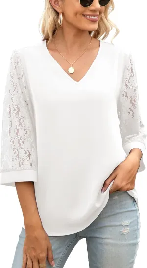 QUEZHU Women's Elegant V Neck 3/4 Sleeve Chiffon Blouses Tops Business Casual Work Office Shirts