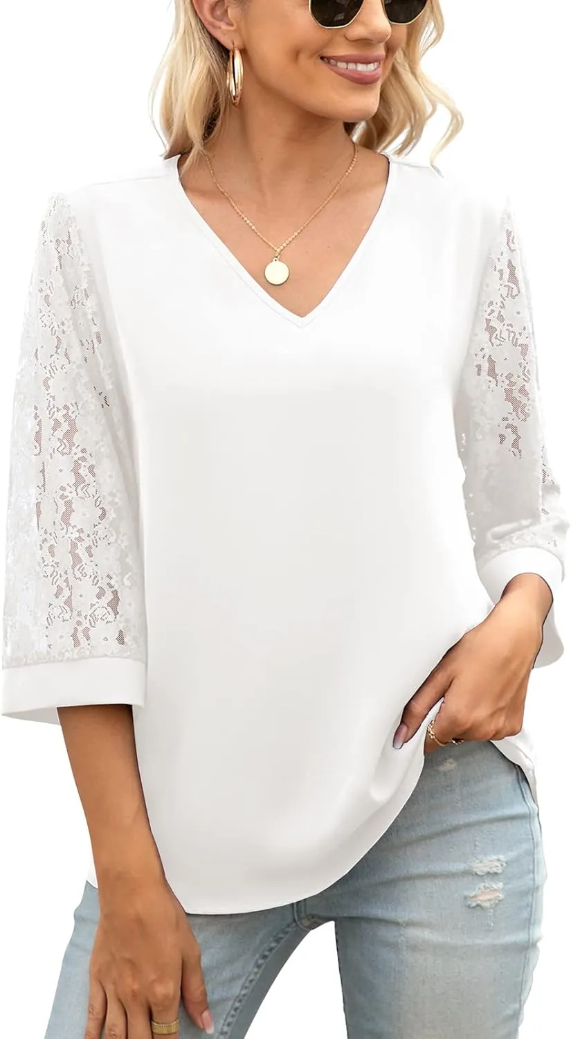 QUEZHU Women's Elegant V Neck 3/4 Sleeve Chiffon Blouses Tops Business Casual Work Office Shirts