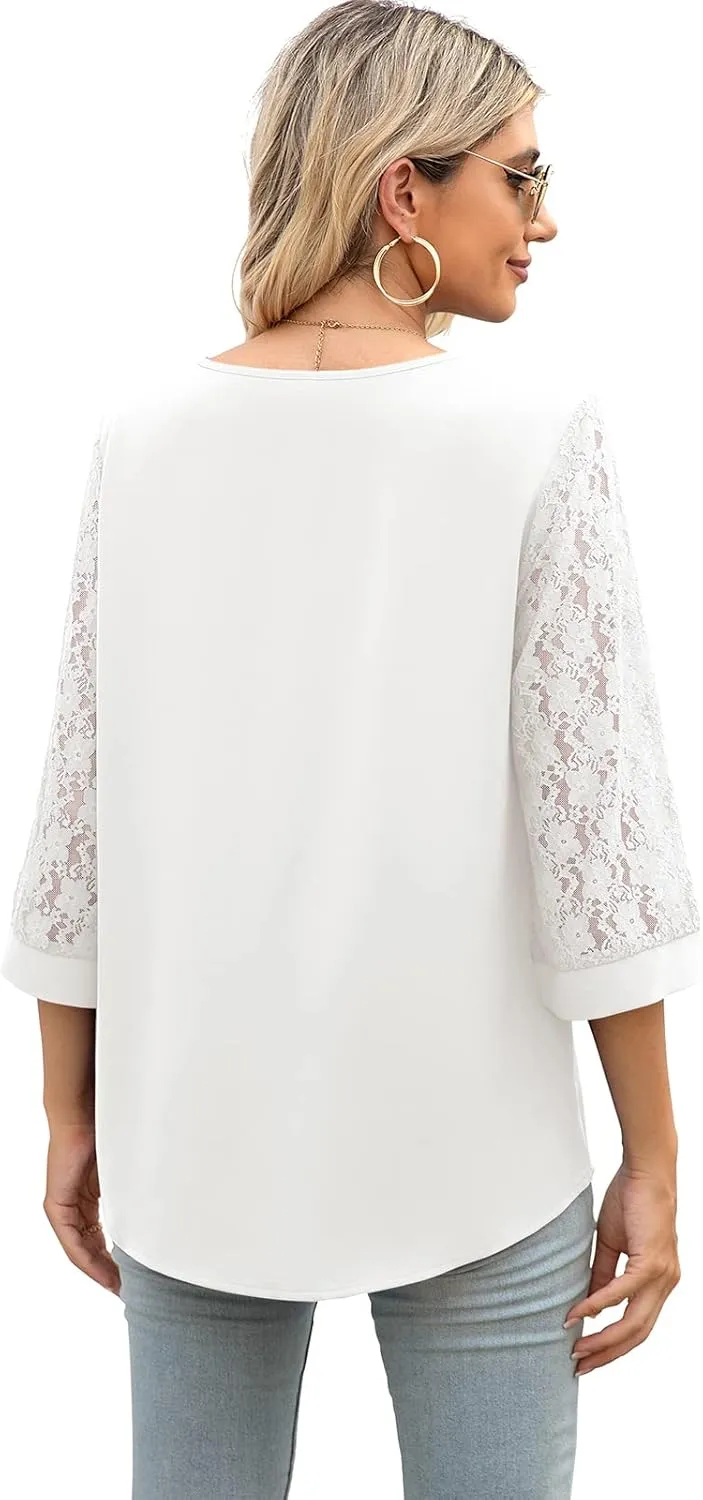QUEZHU Women's Elegant V Neck 3/4 Sleeve Chiffon Blouses Tops Business Casual Work Office Shirts