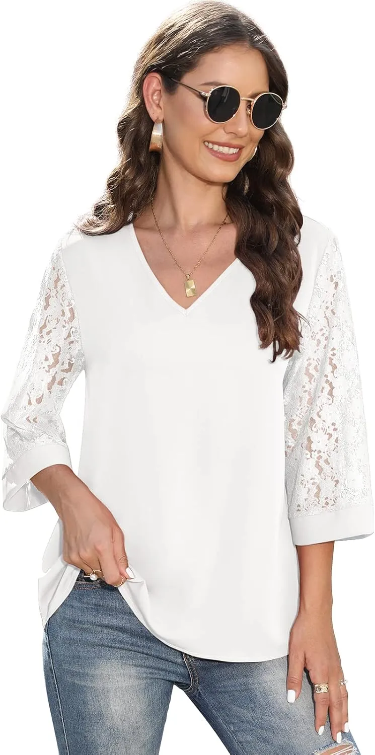 QUEZHU Women's Elegant V Neck 3/4 Sleeve Chiffon Blouses Tops Business Casual Work Office Shirts