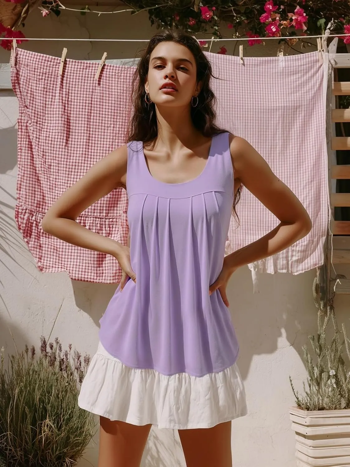 QUEZHU Women's Summer Blouses and Tops 2025 Double Layers Chiffon Blouses Tank Loose Fit Round Neck Sleeveless Tunic