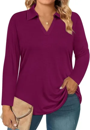 RITERA Plus Size Polo Shirts for Women Fall Long Sleeve V Neck Tops Casual Collared Blouses XL-5XL