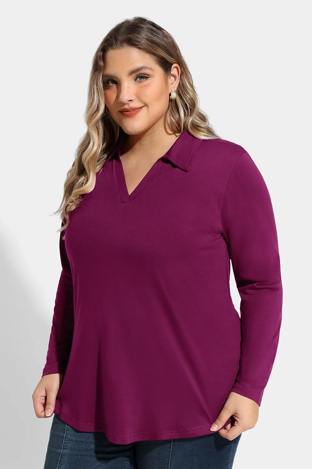 RITERA Plus Size Polo Shirts for Women Fall Long Sleeve V Neck Tops Casual Collared Blouses XL-5XL