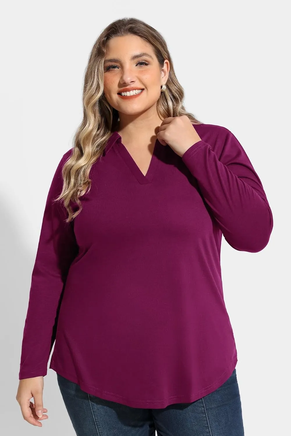 RITERA Plus Size Polo Shirts for Women Fall Long Sleeve V Neck Tops Casual Collared Blouses XL-5XL