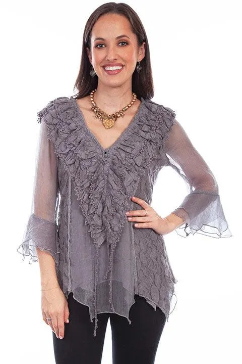 Scully Women's Grey Crochet Lace Bell Sleeve Blouse HC752