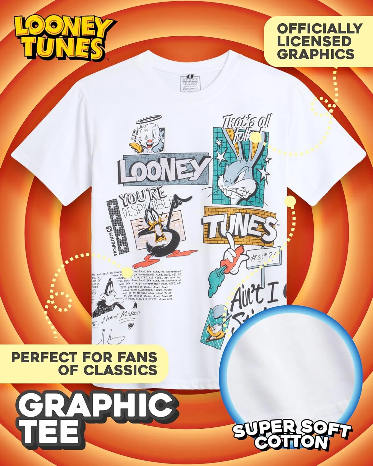 Southpole Boys' Graphic T-Shirts - Looney Tunes Bugs Bunny Tom and Jerry Crewneck Short Sleeve Graphic Tees (Sizes: 8-20)