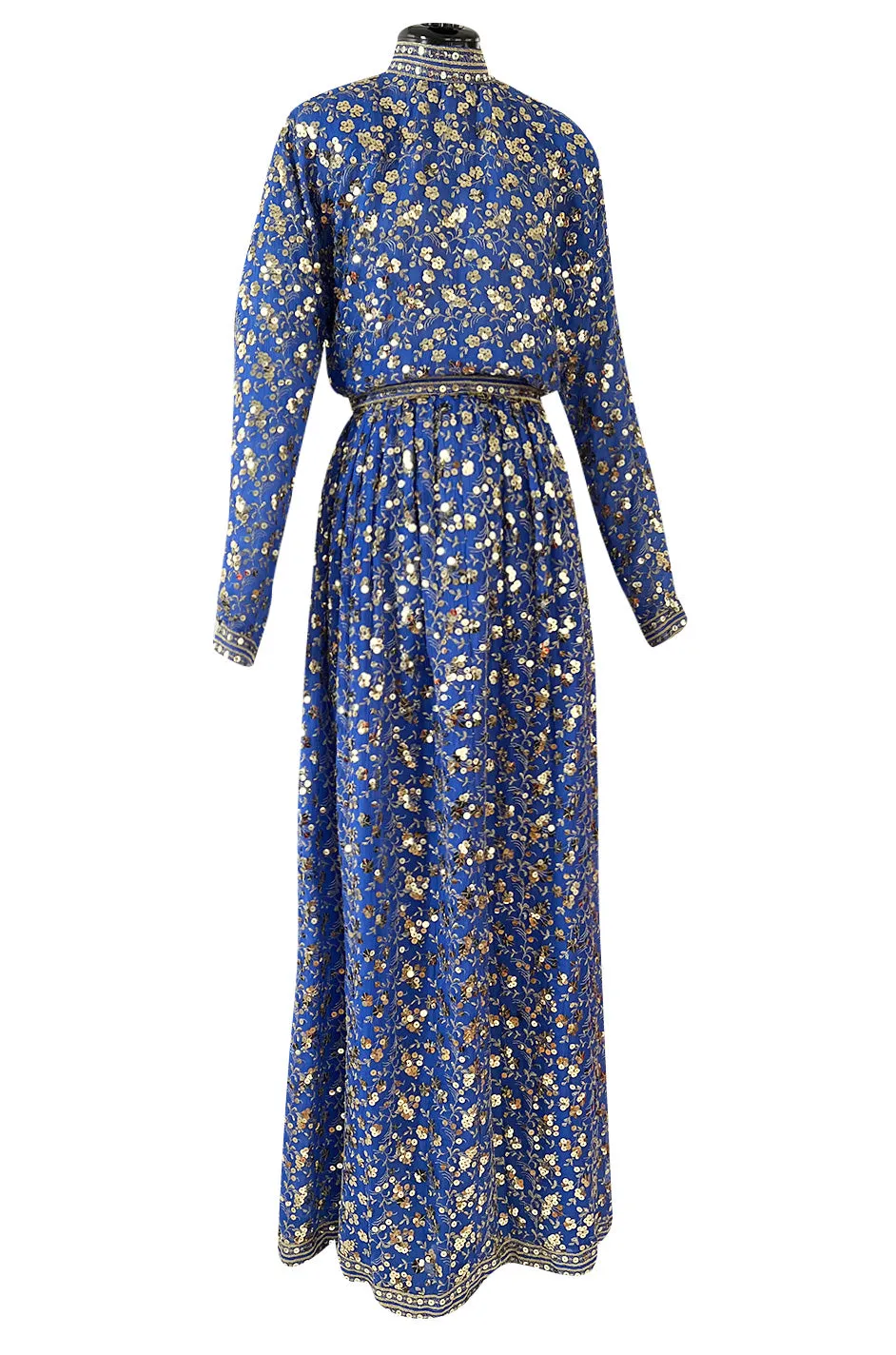 Stunnng 1980s Givenchy Gold Sequin on Blue Silk Chiffon Skirt & Top Dress Set