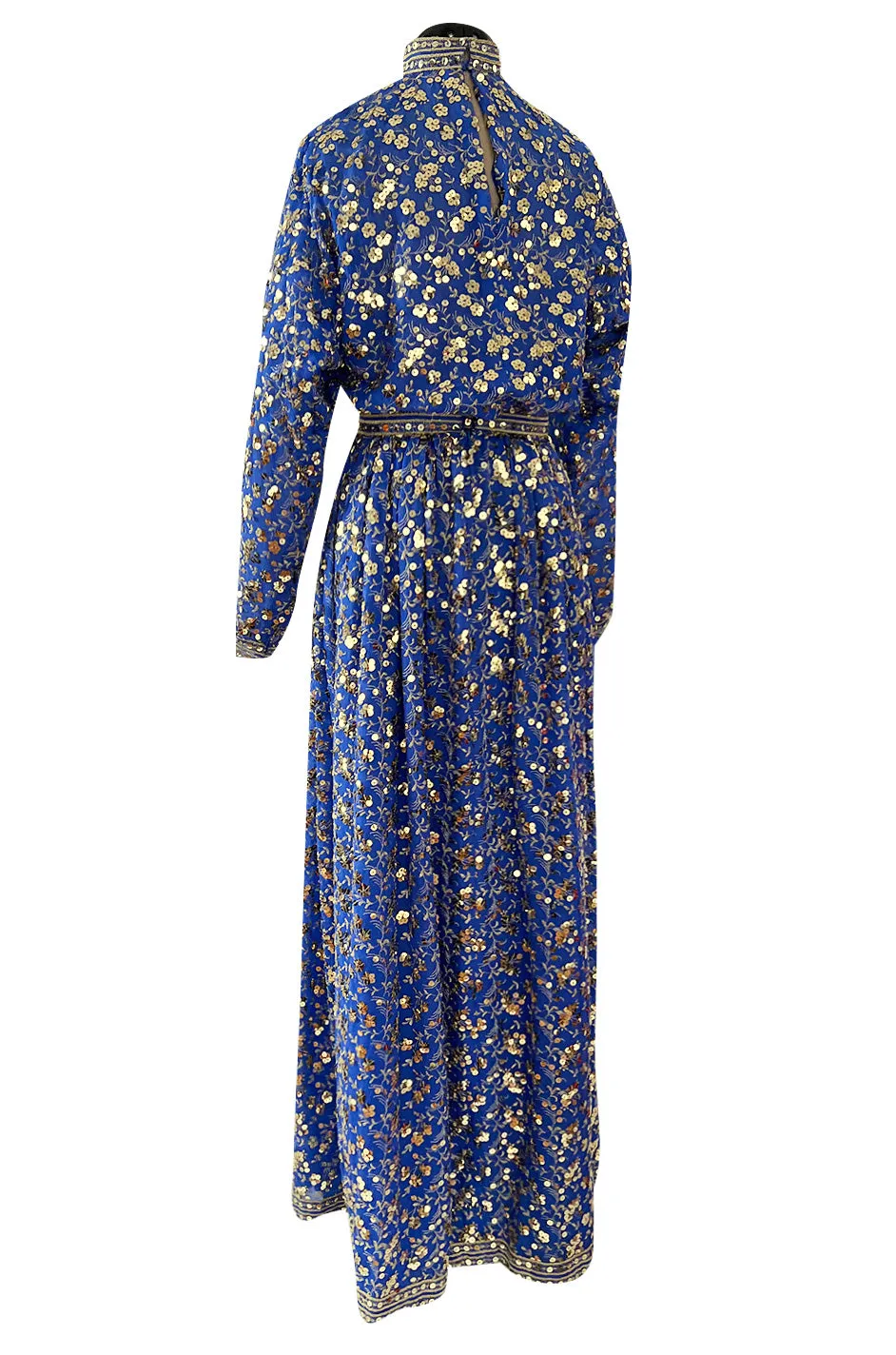 Stunnng 1980s Givenchy Gold Sequin on Blue Silk Chiffon Skirt & Top Dress Set