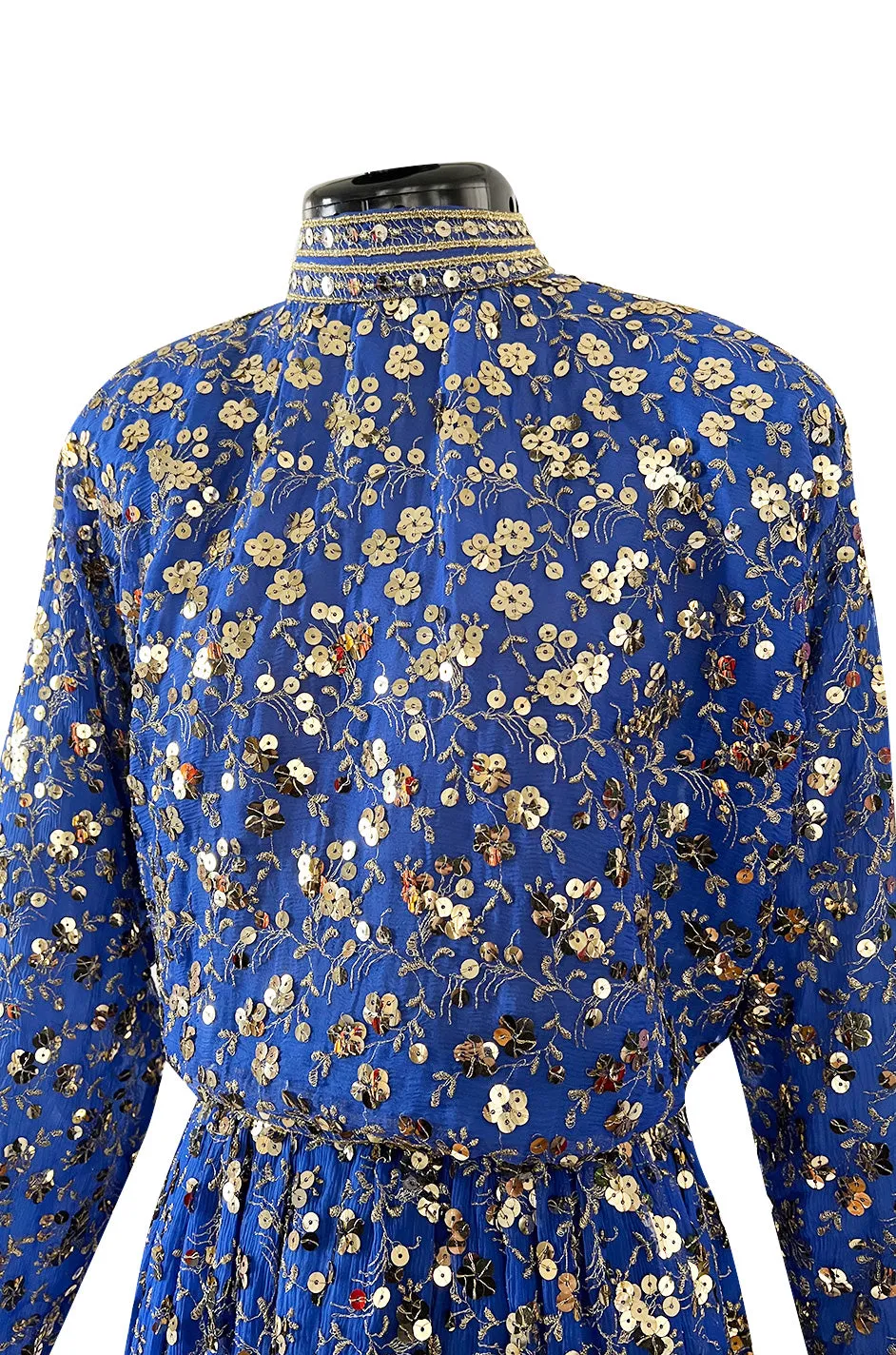 Stunnng 1980s Givenchy Gold Sequin on Blue Silk Chiffon Skirt & Top Dress Set