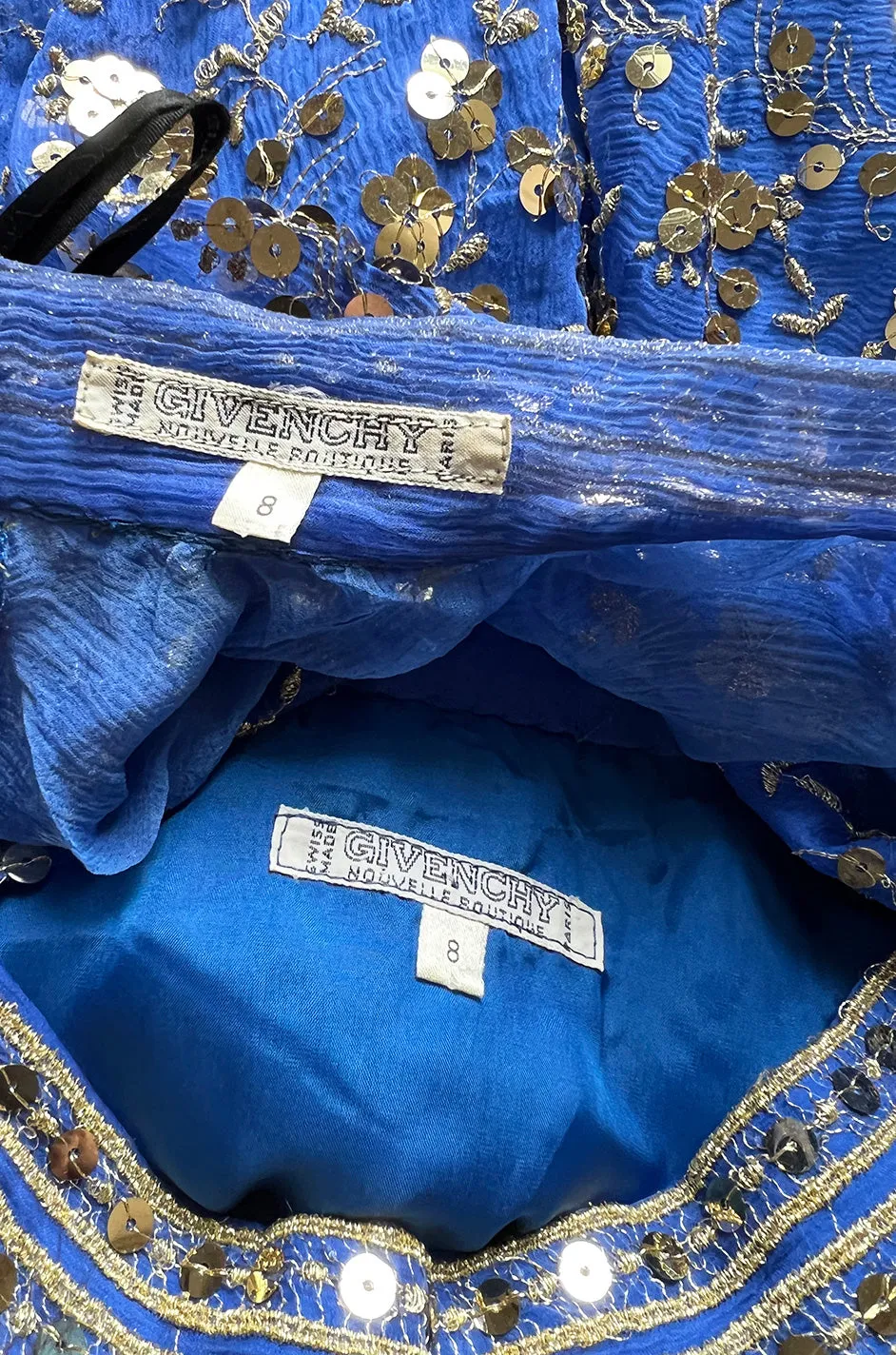 Stunnng 1980s Givenchy Gold Sequin on Blue Silk Chiffon Skirt & Top Dress Set