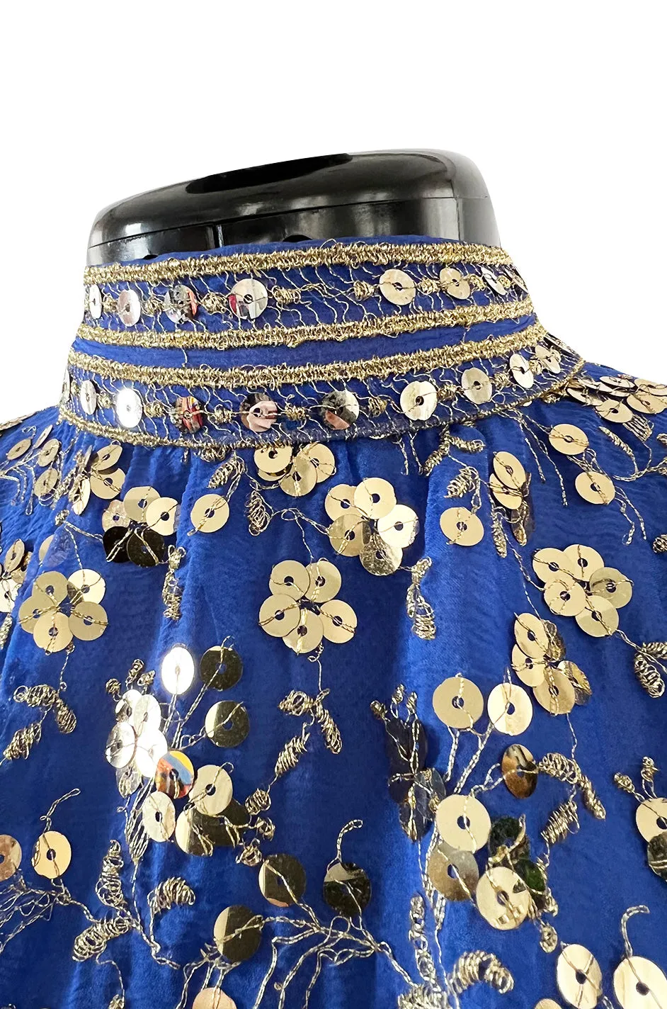 Stunnng 1980s Givenchy Gold Sequin on Blue Silk Chiffon Skirt & Top Dress Set
