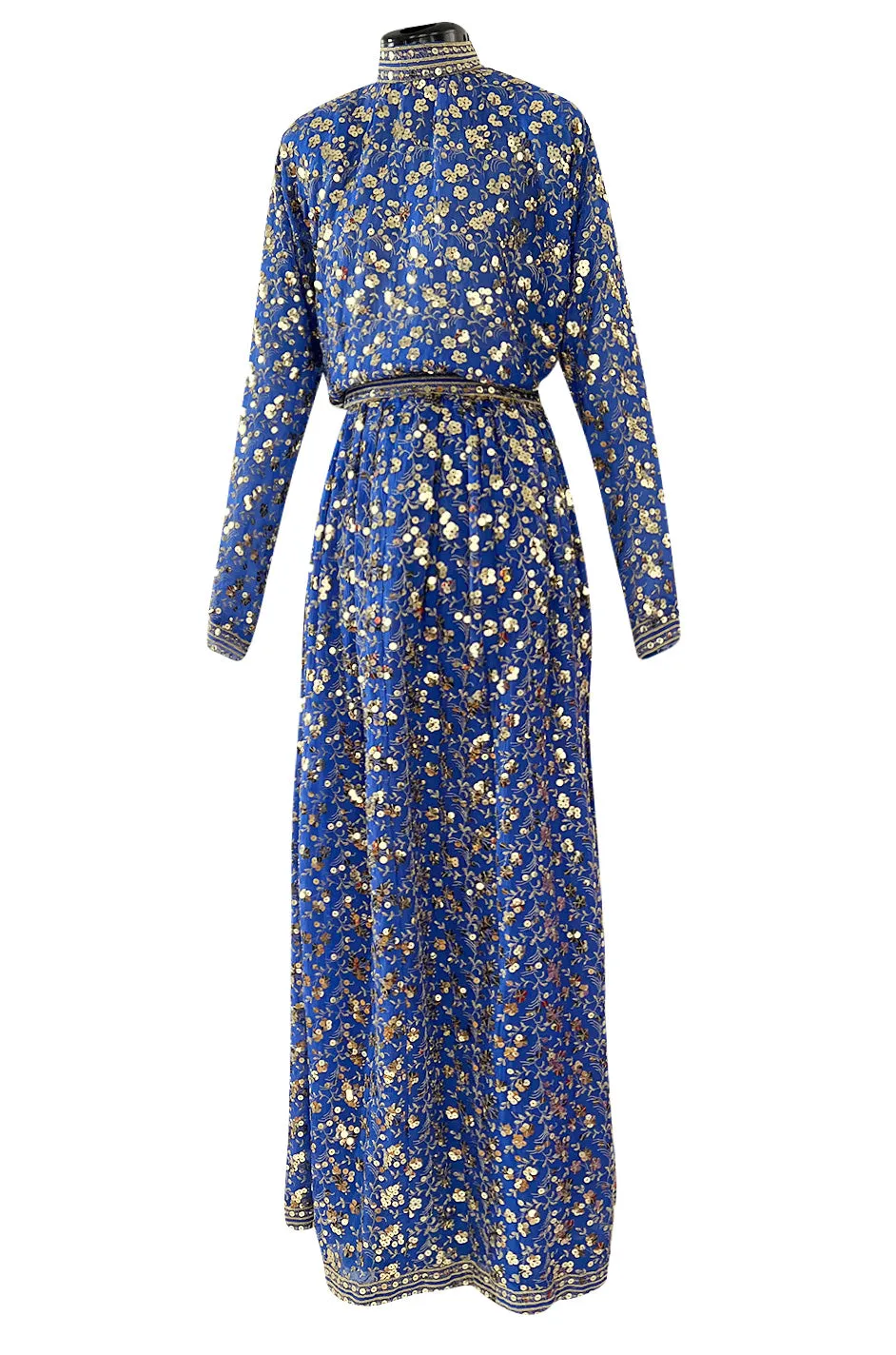 Stunnng 1980s Givenchy Gold Sequin on Blue Silk Chiffon Skirt & Top Dress Set