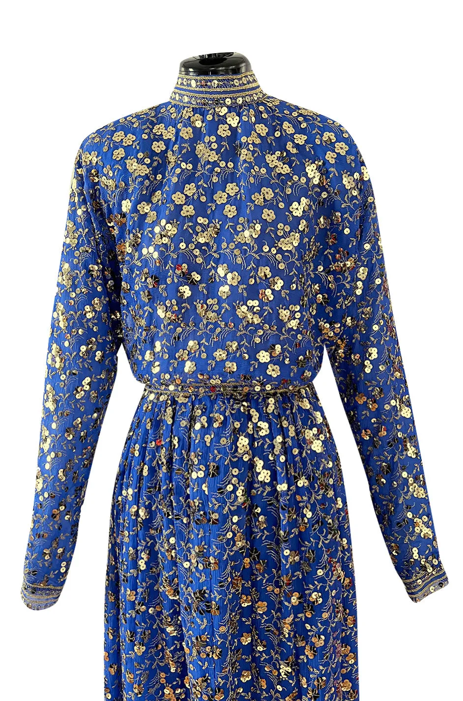 Stunnng 1980s Givenchy Gold Sequin on Blue Silk Chiffon Skirt & Top Dress Set