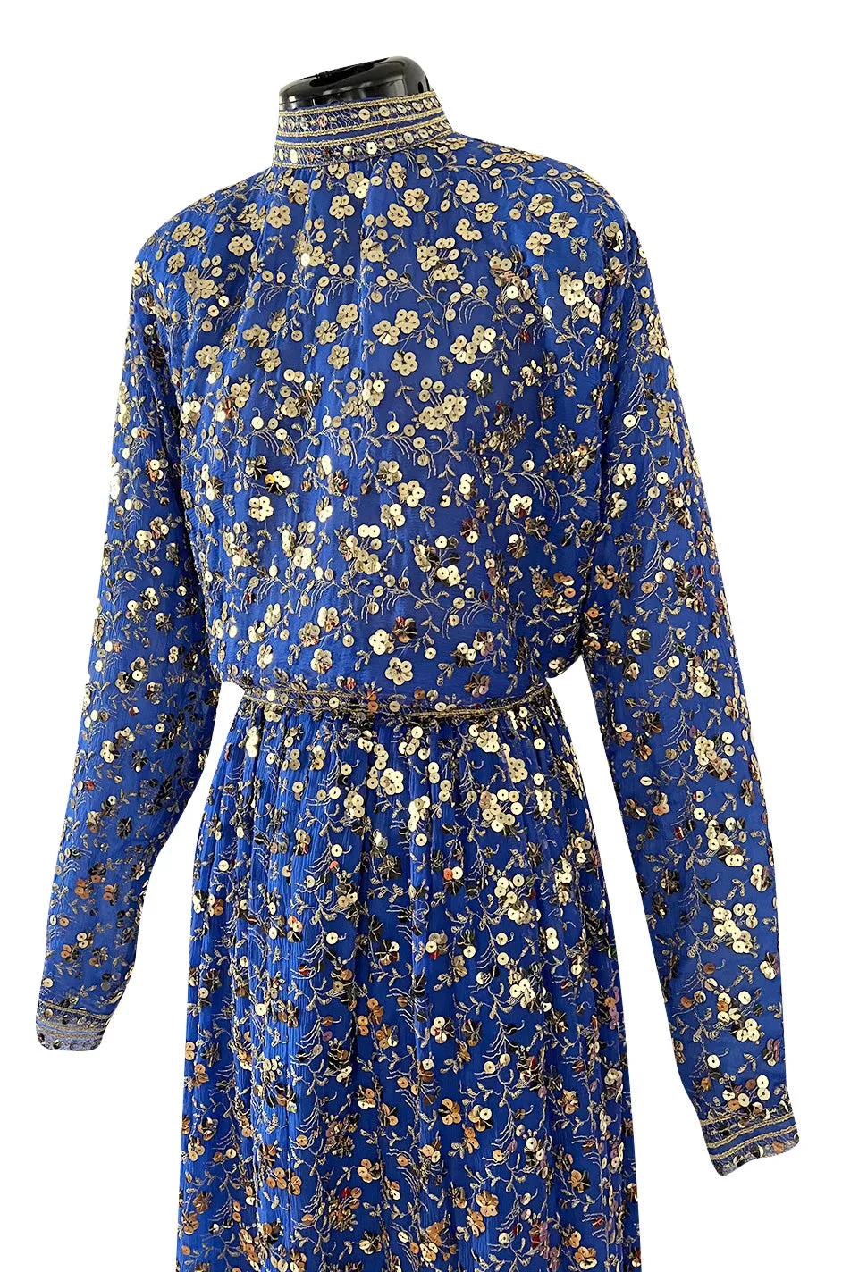Stunnng 1980s Givenchy Gold Sequin on Blue Silk Chiffon Skirt & Top Dress Set