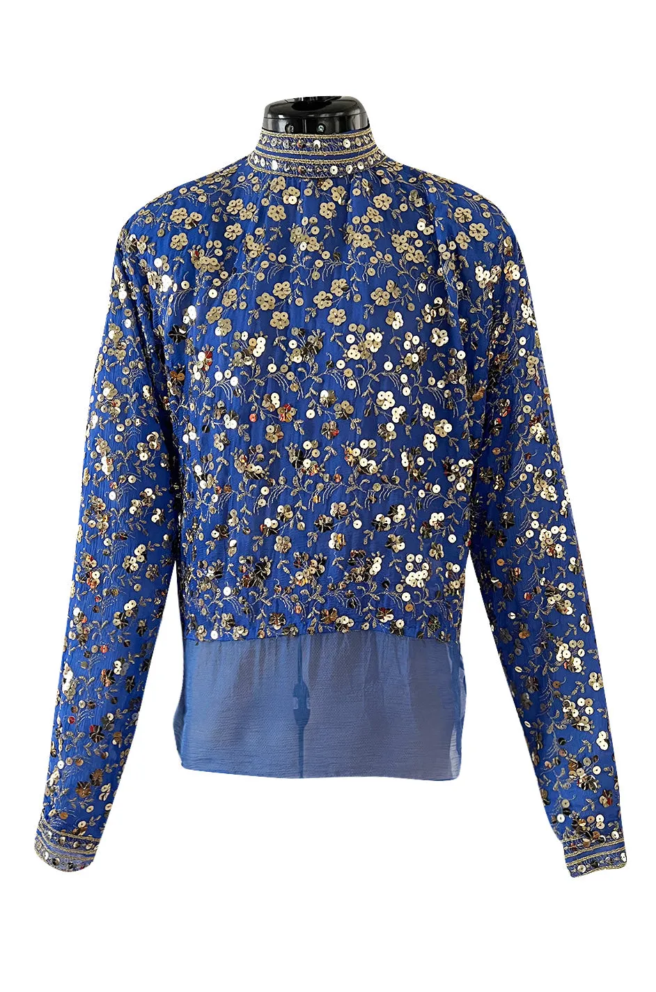 Stunnng 1980s Givenchy Gold Sequin on Blue Silk Chiffon Skirt & Top Dress Set