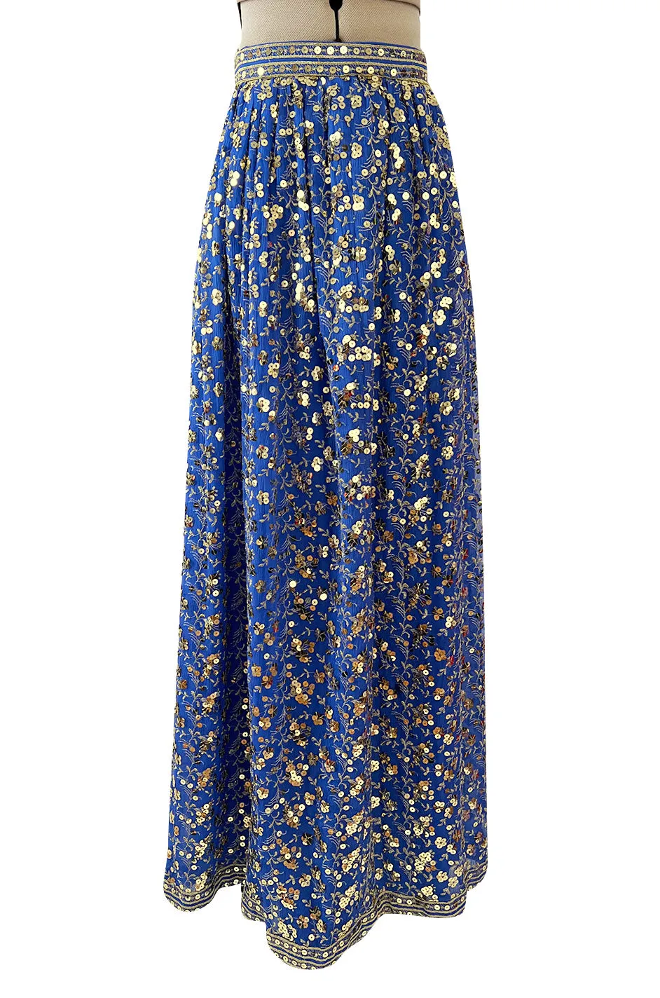 Stunnng 1980s Givenchy Gold Sequin on Blue Silk Chiffon Skirt & Top Dress Set