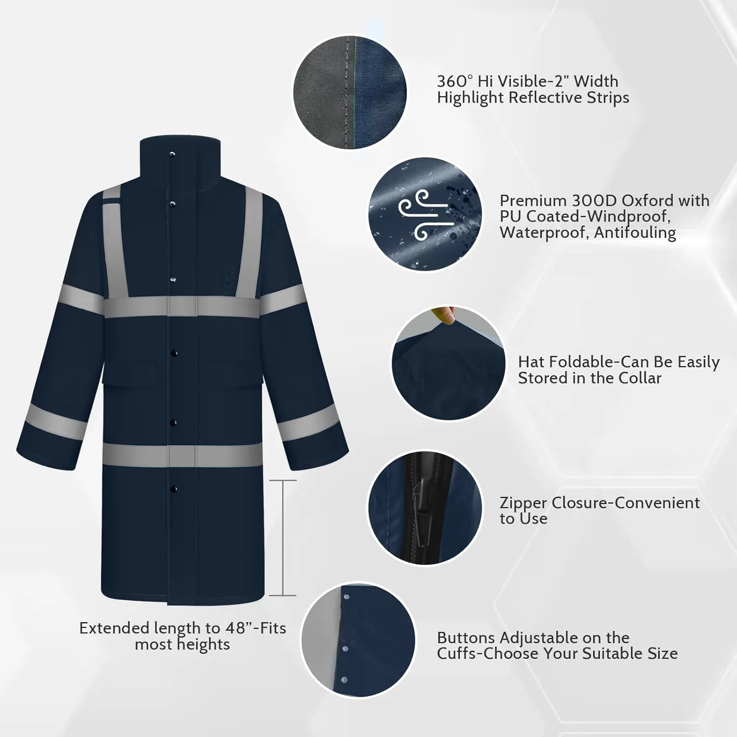 TCCFCCT Rain Jacket Men Hi Vis Rain Suits for Men Waterproof with Hood, Heavy Duty Long Rain Coats for Men Work,Safety Rain Gear for Men Women for Hiking Camping Outdoor Activities, L Navy Blue