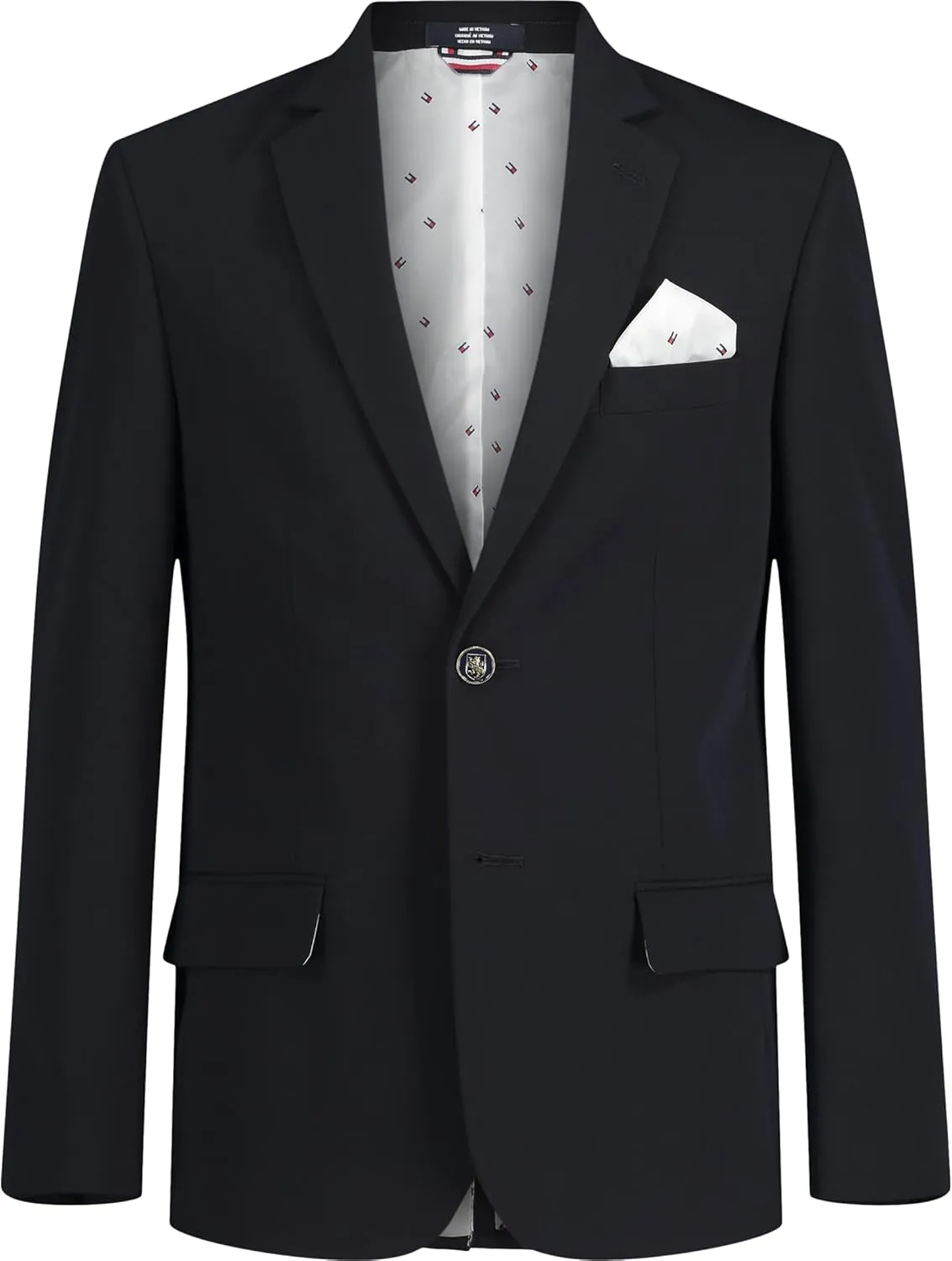 Tommy Hilfiger Boys' Bi-Stretch Alexander Blazer, Single Breasted with Pocket Square, Solid Color with Flag Print Lining