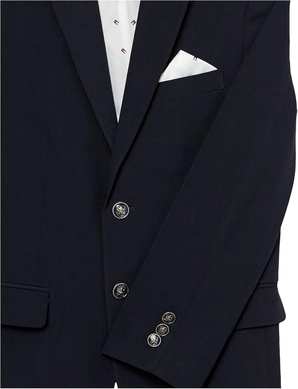 Tommy Hilfiger Boys' Bi-Stretch Alexander Blazer, Single Breasted with Pocket Square, Solid Color with Flag Print Lining