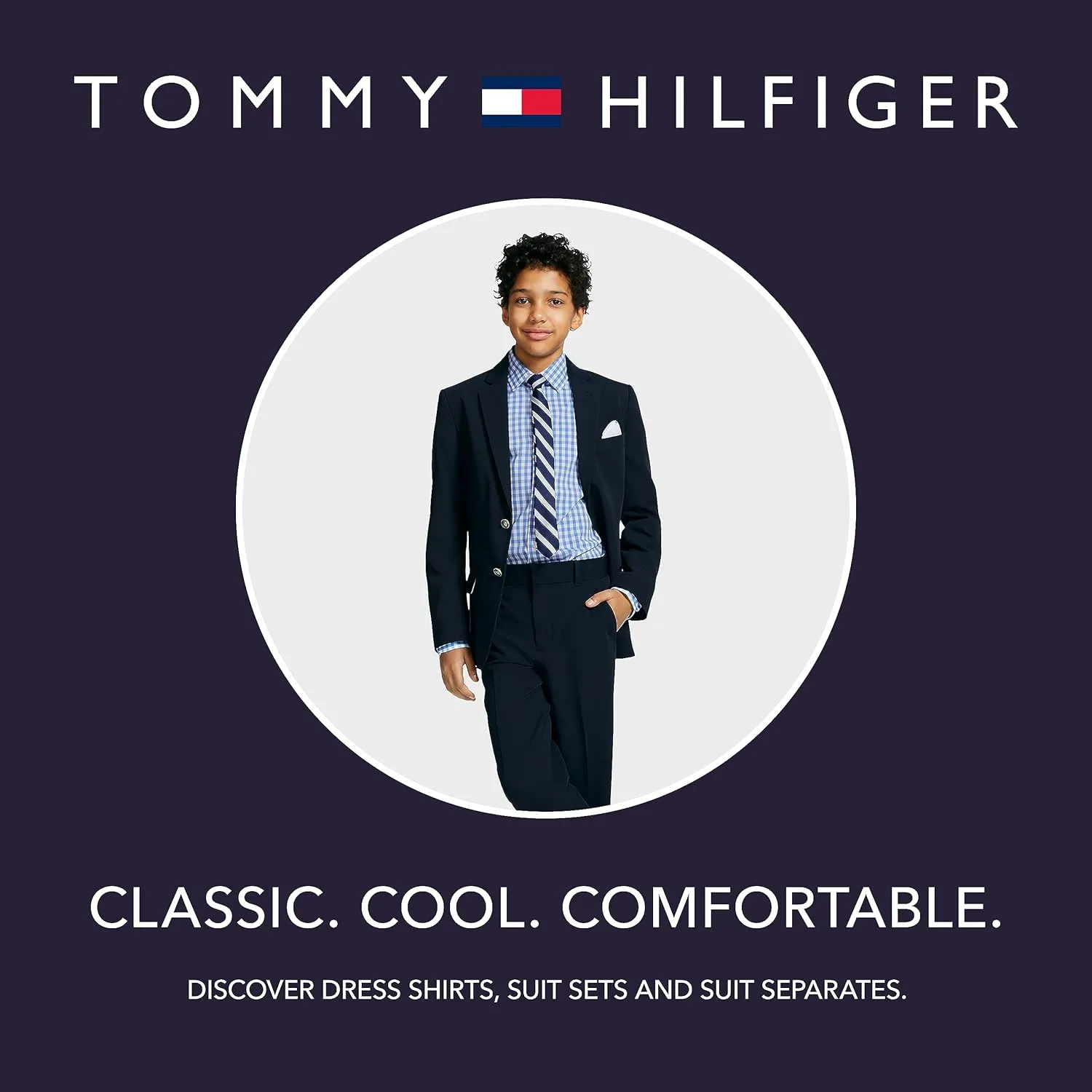 Tommy Hilfiger Boys' Bi-Stretch Alexander Blazer, Single Breasted with Pocket Square, Solid Color with Flag Print Lining