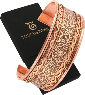 Touchstone handcrafted copper bracelet. Hand forged with solid and high gauge Tibetan style engraved cuff pure copper jewelry for women men. Beautiful embossed design.