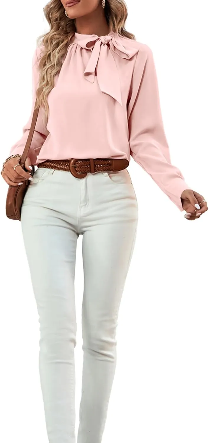 Umenlele Women's Elegant Tie Knot Mock Neck Ruched Long Sleeve Blouse Shirt Top
