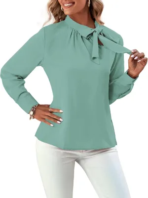 Umenlele Women's Elegant Tie Knot Mock Neck Ruched Long Sleeve Blouse Shirt Top